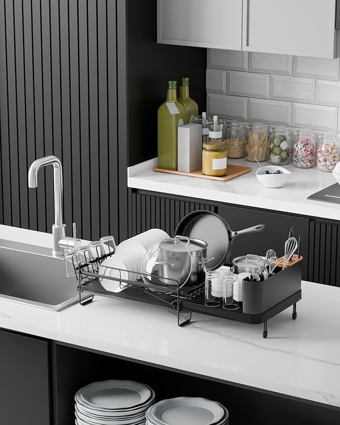 Kitsure Large Dish Drying Rack - Extendable Dish Rack, Multifunctional Dish Rack for Kitchen Counter, Anti-Rust Dish Drainers with Cutlery & Cup Holders 19.2"-26.7" L x 12.9" W, Black - Image 8