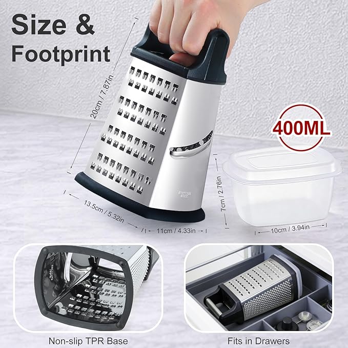 Ourokhome Cheese Grater, Handheld Box Grater with Container & Lid, 4-Sided Stainless Steel for Kitchen, Wavy Julienne, Slicer, Coarse Shred & Fine Zester, Non-Slip Base, Dishwasher Safe, 8 Inch - Image 2