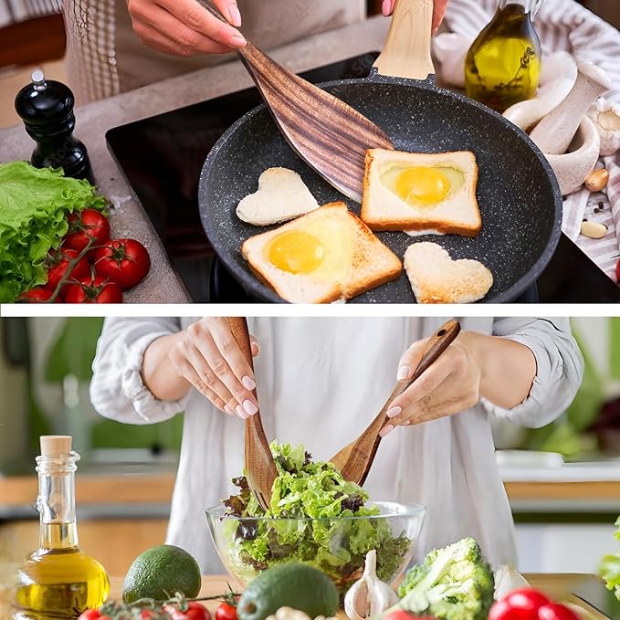 Wooden Spoons for Cooking 9 Pieces Set, TeakWooden Kitchen Utensil Set, Wooden Cooking Utensils Spoons, Spatulas, Heat-Resistant, Lightweight & Durable, Perfect for Non-Stick Cookware - Image 5