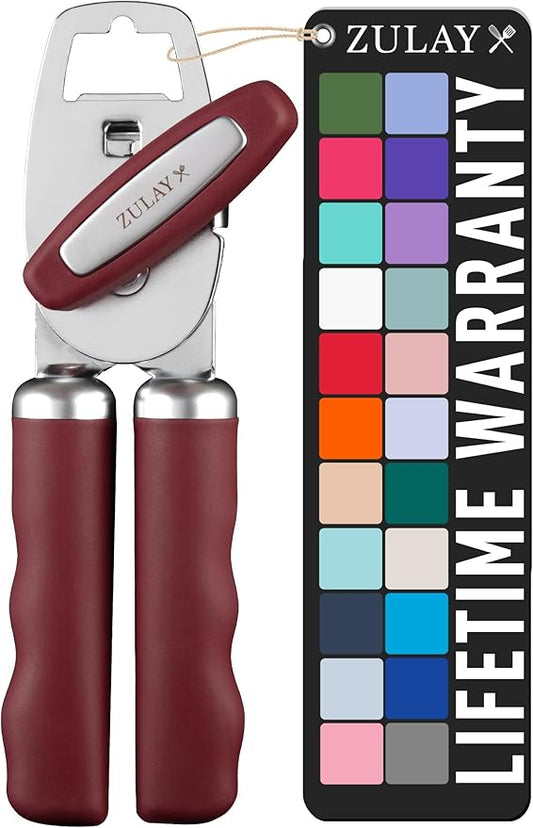 Zulay Kitchen Heavy Duty Stainless Steel Can Opener Manual with Bottle Opener - Rust Proof Manual Can Opener With Turn Knob & Comfy Soft Grip Handles - Deep Red by ZulayKitchen