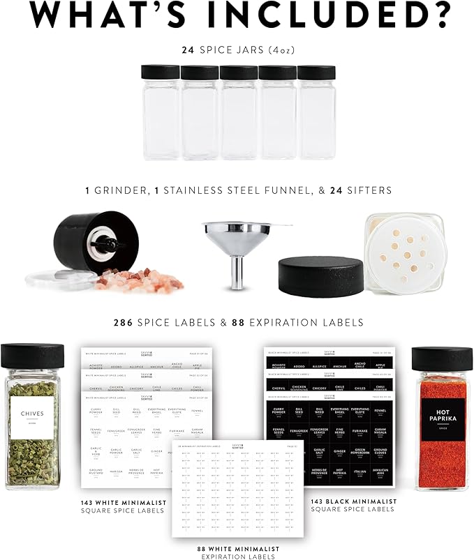 SAVVY & SORTED Glass Spice Jars with Label 24 PK - 4 Oz Spice Containers with 374 Minimalist Preprinted Labels Stickers, Pepper Grinder Funnel Shaker Lids, Empty Seasoning Containers Bottles - Image 2