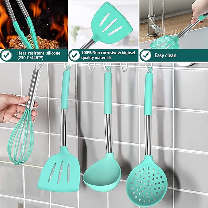 Silicone Cooking Utensil Set, Umite Chef 15pcs Silicone Cooking Kitchen Utensils Set, Non-stick - Best Kitchen Cookware with Stainless Steel Handle - Green - Image 6