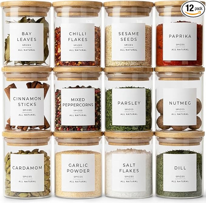 Glass Spice Jars with Labels-12 Pack- 6.8oz- 360 Labels- Spice Containers with Bamboo Lids -Spices Organization for Cabinet-Drawer-Rack-Seasoning containers-herbs- Organizer-Spices Bottles by Livabl