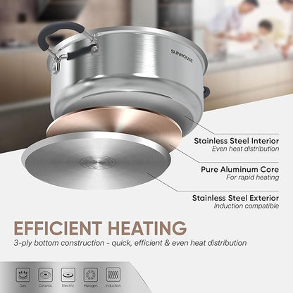 SUNHOUSE - 4.6 Quart Steamer Pots with Lid 2-Tier Multipurpose Stainless Steel Steaming Pot Cookware with Handle for Vegetable, Dumpling, Sauce, Food - Triple Bottom, Measurement Line - Image 6