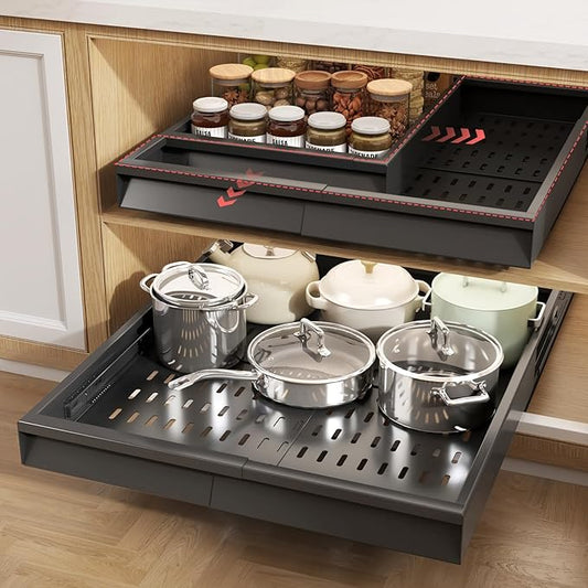 Seinloes 2 Pack Pull Out Cabinet Organizer With Raising Pad for Framed Cabinets,Expandable Width (13"-21") and Depth (17"-24"),3 Slide Rails Slide Out Drawers with Handle,No-Drill Roll Out Shelf,Black by Seinloes