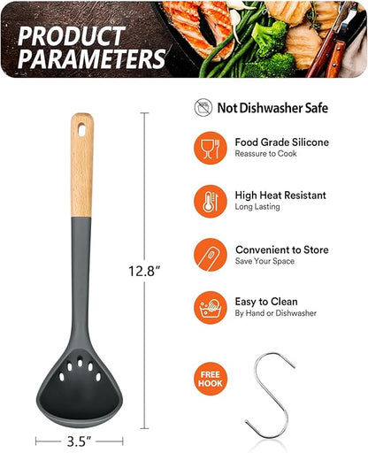 Large Silicone Ladle Spoon for Soup, Non Stick Kitchen Utensils with High Heat Resistant, BPA Free, Perfect Kitchen Tools for Cooking, Stirring,Serving Soups, 13.2inch (Grey)