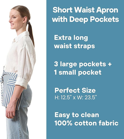 MEEMA Chef Waist Apron Cotton Fabric |Washable & Breathable Waitress & Server Half Aprons for Women with Pockets & Long Waist Straps | Cooking, Baking, Grilling & Crafting