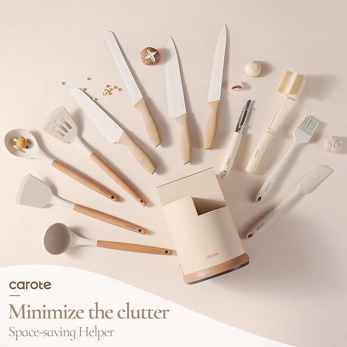 CAROTE 13Pcs Kitchen Utensils Set with 360 Rotating Knife Block, Heat Resistant Cooking Utensils with Wooden Handle, Nonstick Ceramic Surface, Cream White - Image 8