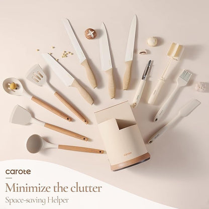 CAROTE 13Pcs Kitchen Utensils Set with 360 Rotating Knife Block, Heat Resistant Cooking Utensils with Wooden Handle, Nonstick Ceramic Surface, Cream White - Image 8