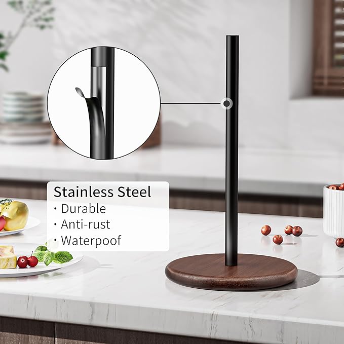 Paper Towel Holder with Wooden Base, Kitchen Countertop Paper Towel Stand, Brown Wood Base with Black Stainless Steel Post, Farmhouse Roll Dispenser.
