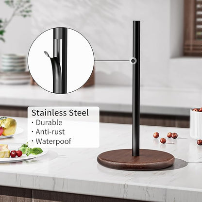 Paper Towel Holder with Wooden Base, Kitchen Countertop Paper Towel Stand, Brown Wood Base with Black Stainless Steel Post, Farmhouse Roll Dispenser.