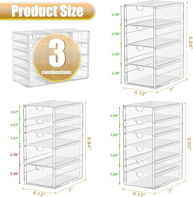Acrylic 3 Pack Desk Organizers and Accessories, Makeup Organizer Storage With 15 Drawers, Desk Organizers, Dustproof Drawer Organizer and Storage for Make Up, Jewelry, DIY Pen - Image 3