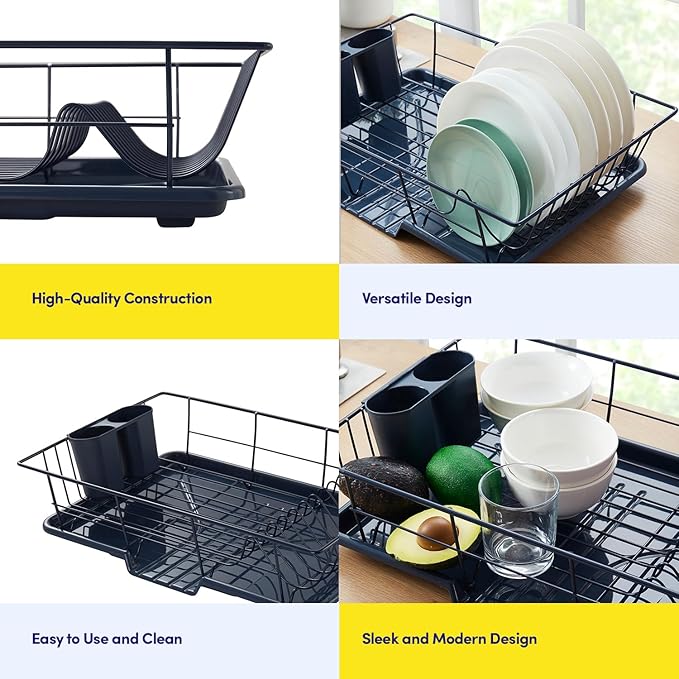 Sweet Home Collection Space-Saving 3-Piece Dish Drainer Rack Set: Efficient Kitchen Organizer for Quick Drying and Storage - Includes Cutlery Holder and Drainboard - Maximize Countertop Space, Navy - Image 6