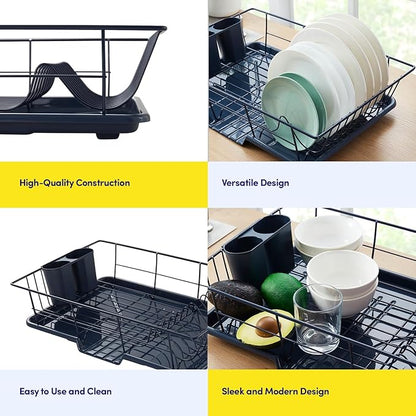 Sweet Home Collection Space-Saving 3-Piece Dish Drainer Rack Set: Efficient Kitchen Organizer for Quick Drying and Storage - Includes Cutlery Holder and Drainboard - Maximize Countertop Space, Navy - Image 6