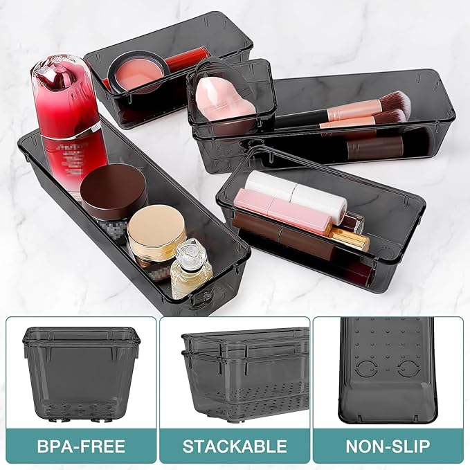 StorMiracle 23 PCS Drawer Organizer Set, 5 Varied Size Bathroom and kitchen Drawer cabinet organizer Trays, Clear Storage Bins for Makeup, Jewelry, Utensils and Gadgets, Black - Image 3