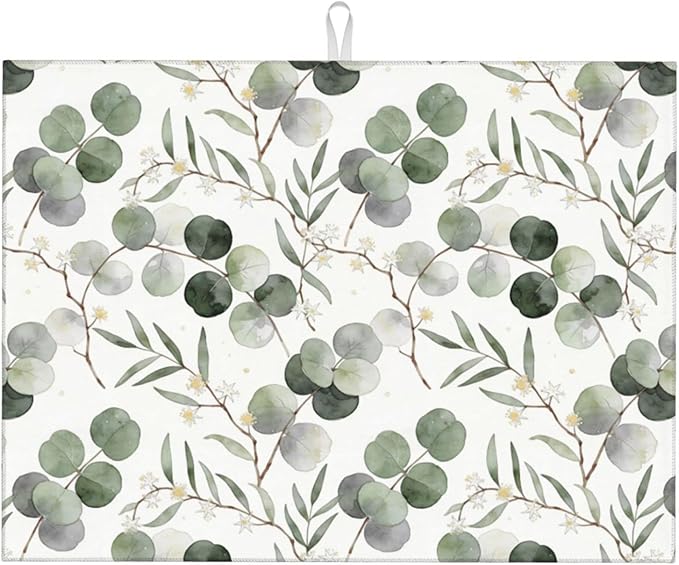 Sage Green Dish Drying Mat, for Spring Kitchen Counter Microfiber Absorbent, Sage Leaves Dish Draining Mat Extra Large 18"x24" by Vodbne