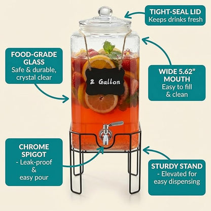 2 Gallon Glass Drink Dispenser, Drink Dispensers for Parties, Beverage Dispenser with Stand and Glass Lid, 100% Leakproof Spigot, Ideal for Lemonade, Juice, Laundry Detergent Dispenser - Image 6
