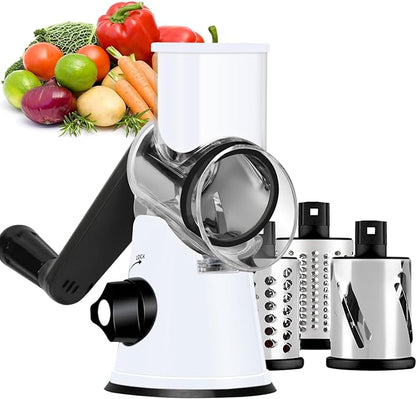 Ourokhome Rotary Cheese Grater Hand Crank, Kitchen Shredder Speed Mandolin Slicer Nuts Grinder with Handle and Drum Blades for Cheese, Vegetable, Walnuts, Chocolate, Potato, 3 Blades, White Black by Ourokhome