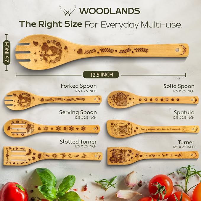Cooking Gifts For Mom Wooden Spoons for Cooking 6-Piece - Bamboo cooking utensils with Spatulas & Spoons, Wooden Utensils, Heat-Resistant, Eco-Friendly Kitchen Utensils - Christmas Gifts - Image 4
