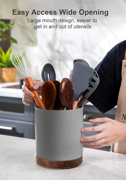 Nucookery 360°Rotating Utensil Holder, 7.2" Large Utensil Crock, White Ceramic Cooking Utensil Organizer,Farmhouse Kitchen Decor Christmas Thanksgiving Gift (Gray) - Image 4