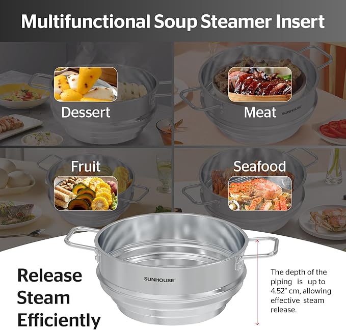 SUNHOUSE 5 Quart Stainless Steel Steamer Insert – Multi-Purpose Soup & Food Steamer with Stay-Cool Handles & Heavy-Duty Glass Lid – Fits Various Pot Sizes (8", 8.5", 9.5") - Image 4