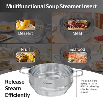 SUNHOUSE 5 Quart Stainless Steel Steamer Insert – Multi-Purpose Soup & Food Steamer with Stay-Cool Handles & Heavy-Duty Glass Lid – Fits Various Pot Sizes (8", 8.5", 9.5") - Image 4