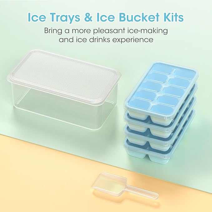 DOQAUS Ice Cube Tray with Lid and Bin - 4 Pack Silicone Ice Cube Trays for Freezer, Stackable Ice Bucket Kits with Storage Container & Scoop for Kitchen, RV, Cocktail, Coffee - Image 8