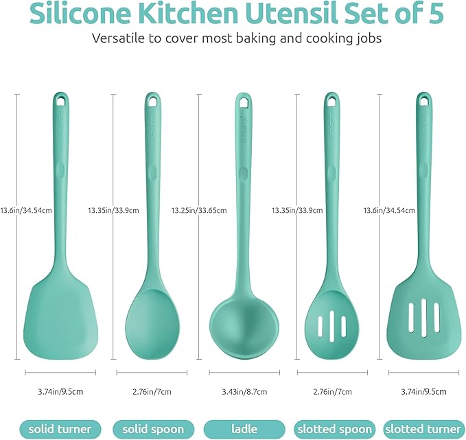 600ºF Heat Resistant Kitchen Utensil: U-Taste 13.6" Extra Long Silicone Cooking Tools Set, Food-Grade Non-Stick Solid and Slotted Turner Spatula, Mixing Spoon, and Soup Ladle (5 Pieces, Aqua Sky) - Image 2