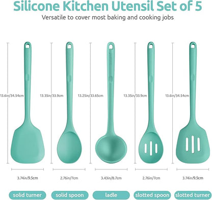 600ºF Heat Resistant Kitchen Utensil: U-Taste 13.6" Extra Long Silicone Cooking Tools Set, Food-Grade Non-Stick Solid and Slotted Turner Spatula, Mixing Spoon, and Soup Ladle (5 Pieces, Aqua Sky) - Image 2