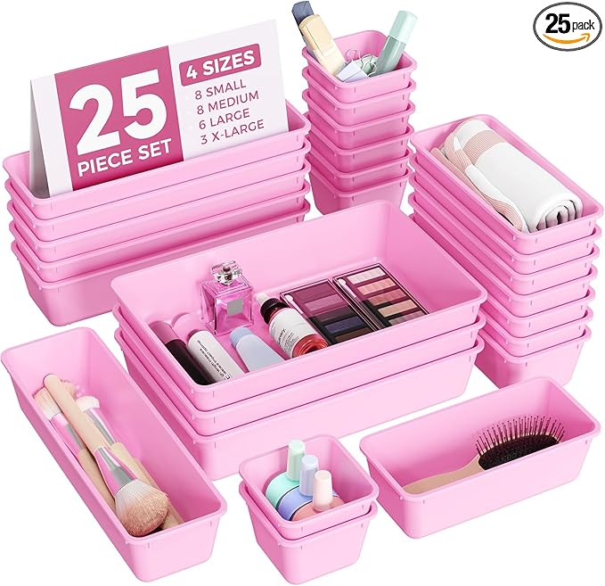 BiuLeon 25 PCS Plastic Drawer Organizers Set, 4-Sizes Vanity and Makeup Organizer, Desk and bathroom Drawer Organizer Trays, Organizers and Storage for Makeup, Jewelry, Gadgets, Utensils(Light Purple) by Unknown