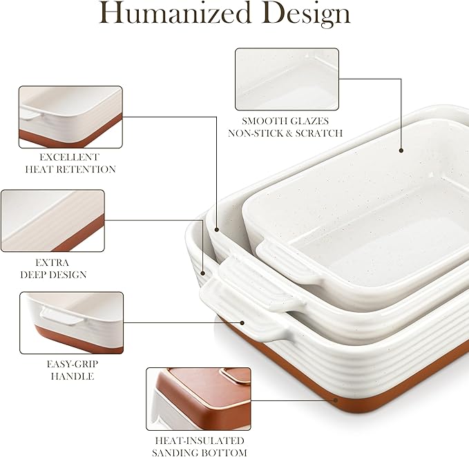 MALACASA Casserole Dishes for Oven, Ceramic Baking Dishes Set of 3, Baking Pan Casserole Dish Set, Rectangular Lasagna Pan Deep with Handles for Baking, Khaki White (14.5''/13''/10.5''), Series TARA - Image 5