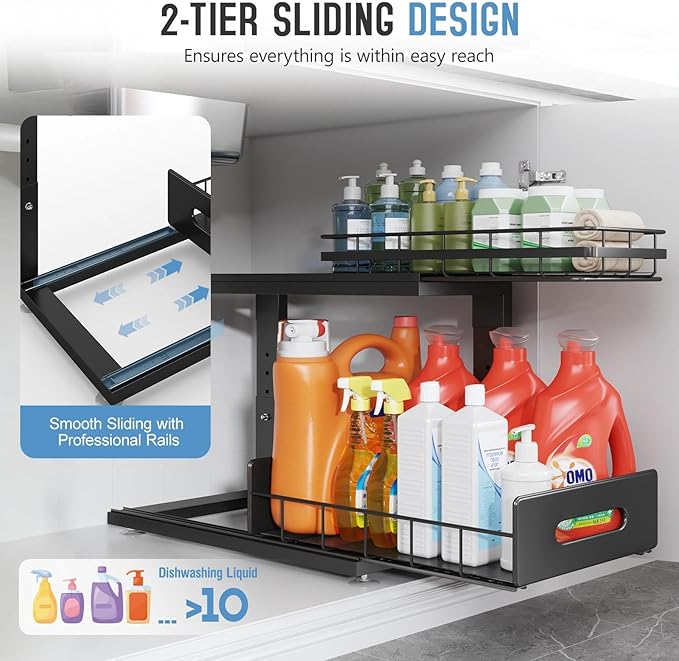 Under Sink Organizer Upgrade To Professional Rails,2-Tier Dual Pull Out Cabinet Storage,Height Adjustable Slide Out Drawers For Bathroom Kitchen,2 Pack-16.7"Dx12.8"-16.9"H,Black - Image 5