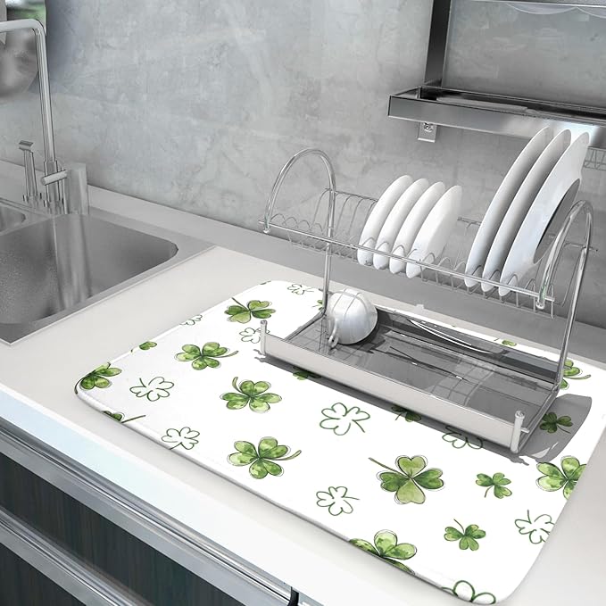St Patricks Day Dish Drying Mat for Kitchen Counter Cute Shamrocks Holiday Microfiber Absorbent Dish Draining Reusable Washable Foldable Extra Large 18"x24" - Image 5