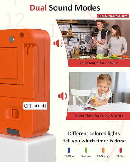 Digital Kitchen Timer for Cooking - 4 Channel Count Up Countdown Timer with Loud Alarm and Silent Mode, Large Display, Magnetic Back, Auto Memory for Classroom Study Gym, Battery Included (Orange) - Image 5