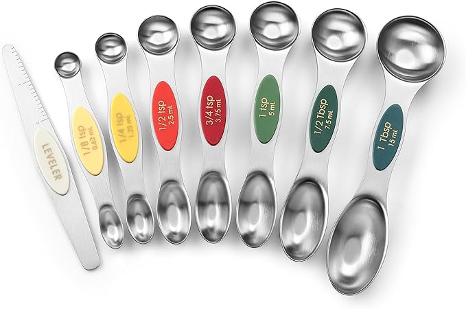 Spring Chef Stainless Steel Magnetic Measuring Spoons Set of 8 with Leveler, Metal Teaspoon & Tablespoon Measure Spoons Set for Baking & Cooking, Stackable & Double Sided Kitchen Gadgets - Very Merry by SpringChef