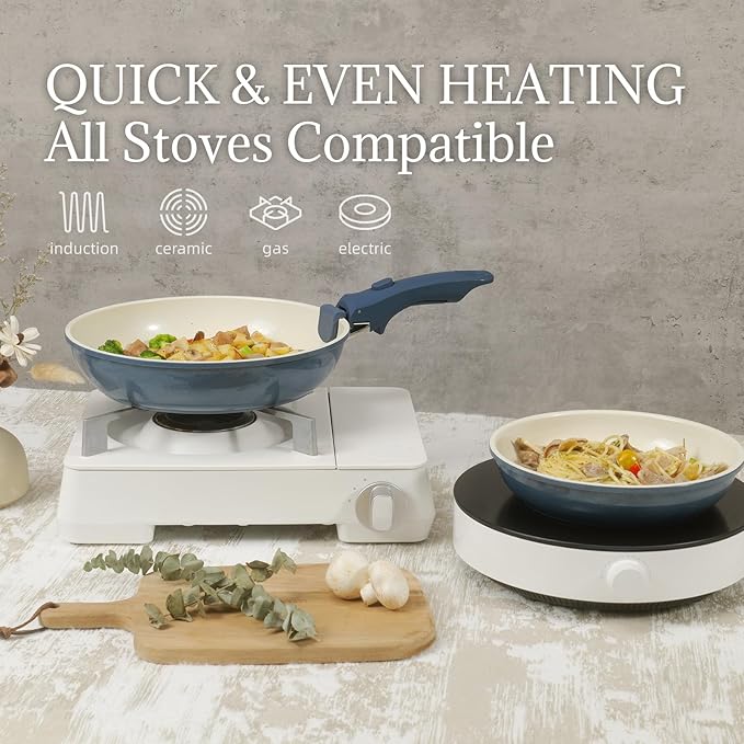 8Pcs Pots and Pans Set Nonstick Ceramic Cookware Set Removable Handle Induction Kitchen Cooking Set with Frying Pans and Sauce Pan, Blue - Image 5
