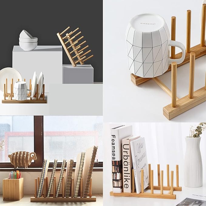 INNERNEED Bamboo Wooden Dish Rack, Vertical Plate & Lid Organizer for Kitchen Cabinet or Countertop, Drying Stand for Dishes, Cutting Boards - Image 3