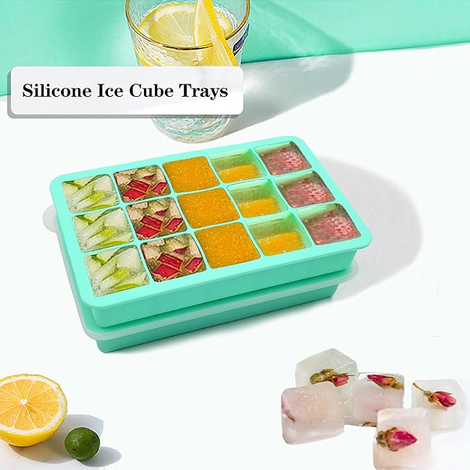 2 Pack Silicone Ice Cube Trays, Easy Release Flexible-15 Cubes Ice Cube Molds,Silicone Ice Cube Molds with Removable Lids for Cocktail, Whiskey, Baby Food, Chocolate-Reusable (Mint Green) - Image 3