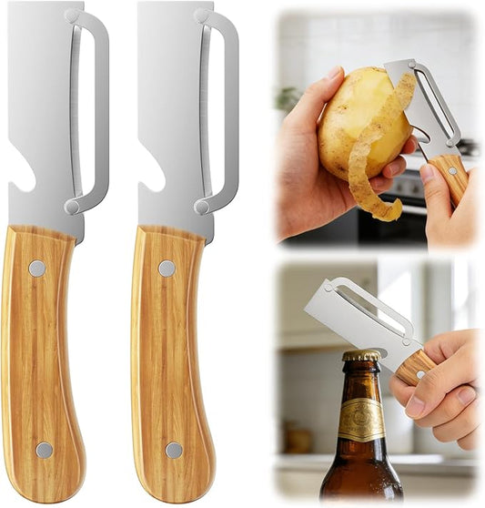 Multi-Functional Vegetable Peeler for Kitchen, with Wooden Handle and Bottle Opener, 2-in-1 Stainless Steel Blade Kitchen Tool for Fruit Apple Potato Pumpkin Papaya(2pcs) by Unknown