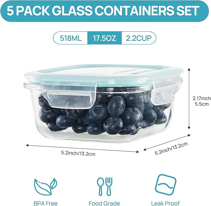 Vtopmart 5Pack 17.5oz Glass Storage Containers with Lids, Glass Meal Prep Food Container Sets with Snap Airtight Lids for Microwave, Oven, Freezer and Dishwasher, Green - Image 2