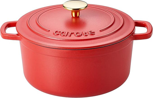 CAROTE Enameled Cast Iron Dutch Oven Pot with Lid, 4 QT Dutch Ovens, Heavy-Duty Cast Iron Pot for Sourdough Bread Baking, Braising, Stews, Roasting, Healthy & Non-Toxic, Dual Handles, All Stovetop Compatible, Oven Safe up to 500° F, Red by CAROTE