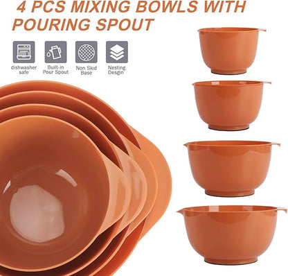 BoxedHome Nesting Plastic Mixing Bowl Set, 4 Piece Mixing Bowl Set with Pour Spouts, Size 1.7, 2.5, 3.5 and 4.5qt, for Prepping, Mixing, Baking, Cooking, Brownish Orange - Image 2