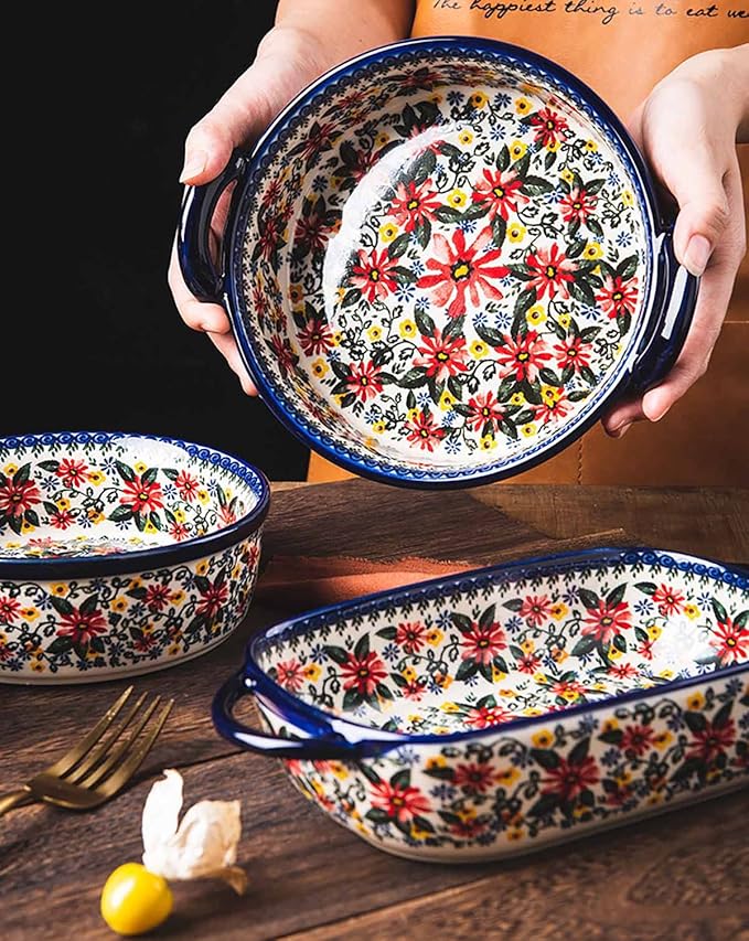 Red Daisy Flower Vintage Style Ceramic Bakeware Casserole Dish Baking Pan Lasagna Pans Baking Dish with Handles for Oven/Cooking/Kitchen-1 PCS, 32 OZ - Image 5
