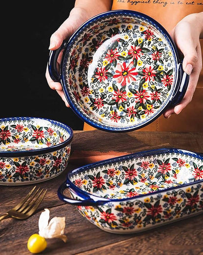 Red Daisy Flower Vintage Style Ceramic Bakeware Casserole Dish Baking Pan Lasagna Pans Baking Dish with Handles for Oven/Cooking/Kitchen-1 PCS, 32 OZ - Image 5