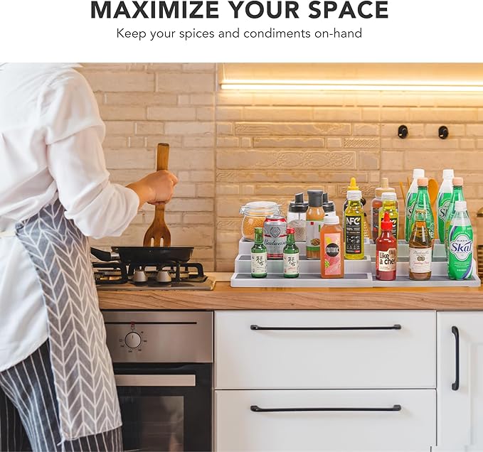 CiWiVOKi 3 Tier Expandable Spice Rack Organizer, White/Grey Plastic Spice Rack, Adjustable Length 14.6In-25.8In, 2 Pack Non-Skid Tiered Spice Shelf Organizer for Kitchen Cabinet, Cupboard, Pantry - Image 4