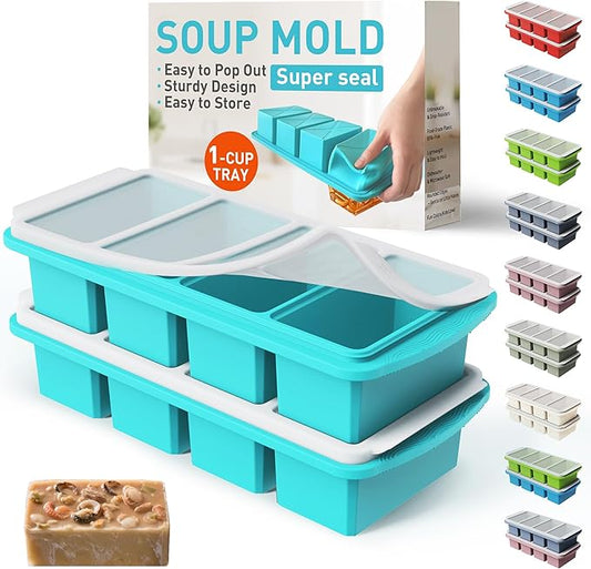 Silicone Freezer Tray With Lid Soup Freezer Container Molds with Steel Reinforced Rim Ice Cube Freezer Molds for Soup, Sauce, Leftovers, Homemade Meal Prep Containers Portion Control Food Storage