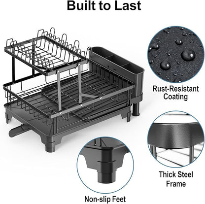 GSlife 2 Tier Dish Drying Rack with Drainboard, Expandable Large Dish Drainer for Kitchen Counter, Rust Resistant Dish Drainer with Cup Holder & Utensil Holder, 12.6" W x 18.7"-25.2" L, Black - Image 9