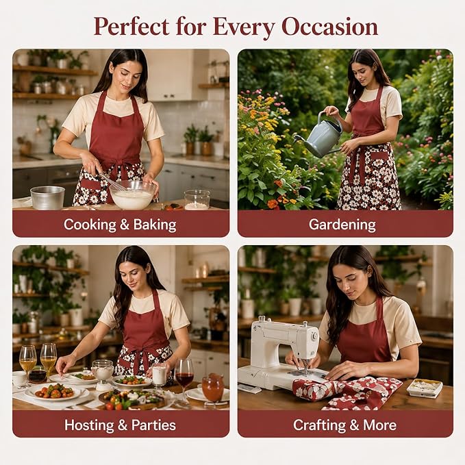 Cute Floral Aprons for Women with Pockets,Cotton Adjustable Neck Strap Apron for Kitchen Cooking Baking Gardening
