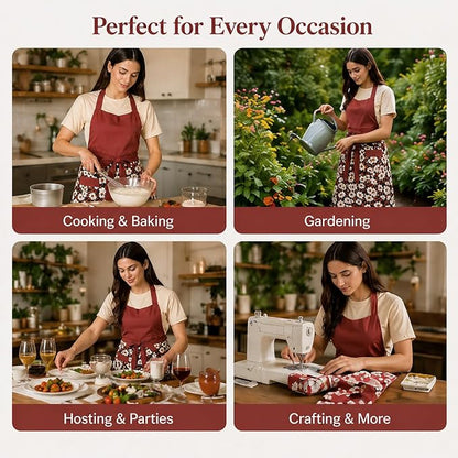 Cute Floral Aprons for Women with Pockets,Cotton Adjustable Neck Strap Apron for Kitchen Cooking Baking Gardening