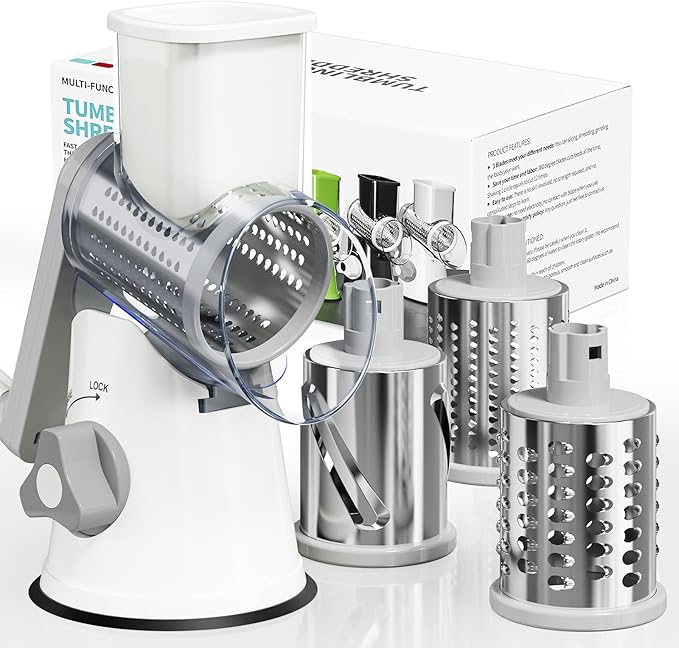 Rotary Cheese Grater Hand Crank, 3 Blades Slicer Shredder, Cheese Grater for Kitchen, Multi-Functional Kitchen Tool for Vegetables, Nuts, Chocolate, with Strong Suction Base, White by Nexsujo